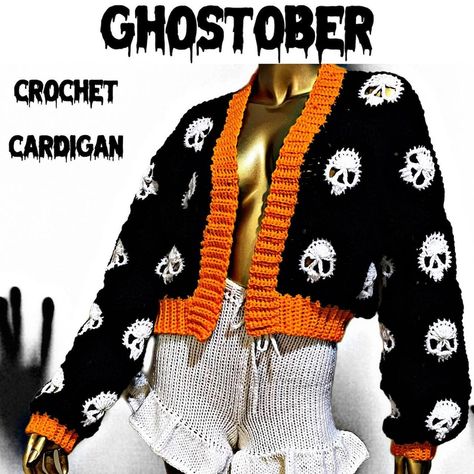 Cardigans Crochet, Halloween Cardigan, Crochet Pour Halloween, Cardigan Au Crochet, Crochet Skull, Crochet Mignon, Confection Au Crochet, Pull Crochet, Halloween Crochet Patterns