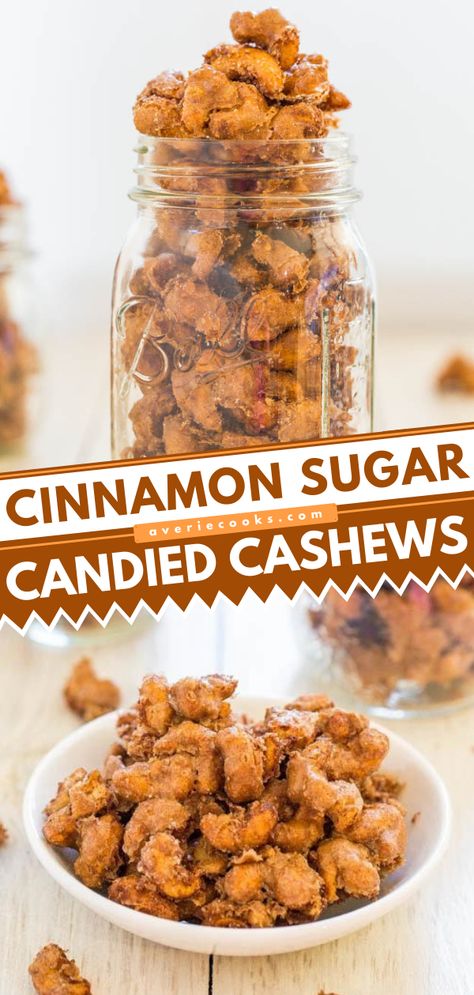 Cinnamon Sugar Candied Cashews - Averie Cooks Candied Cashews, Coconut Cashews, Cashew Recipes, Snack Mixes, Averie Cooks, Christmas Recipes Easy, Snack Mix Recipes, Nut Recipes, Sugar Candy