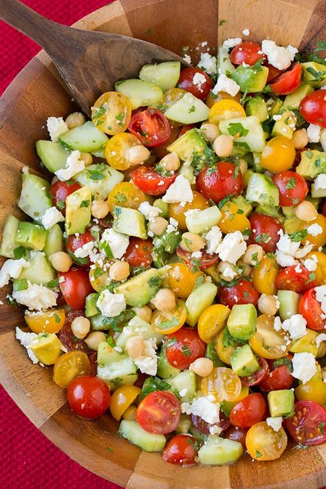 Tomato Avocado Cucumber Chick Pea Salad with Feta and Greek Lemon Dressing - Cooking Classy Greek Chickpea Salad, Avocado Cucumber, Resep Salad, Tomato Avocado, Chick Pea, Recipes Summer, Pea Salad, Avocado Tomato, Summer Salad Recipes