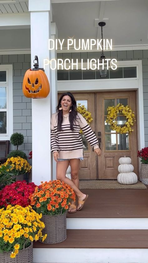 Jess Davis | ✨🎃An actual Jack O “lantern”🎃✨ Such a simple DIY that packs a punch! I truly think this would work with any plastic pumpkin and light! Even... | Instagram Pumpkin Guts, Outdoor Porch Lights, Lantern Outdoor, Porch Pumpkins, Plastic Pumpkins, Foam Pumpkins, Diy Pumpkin, Outdoor Lights, Porch Lighting