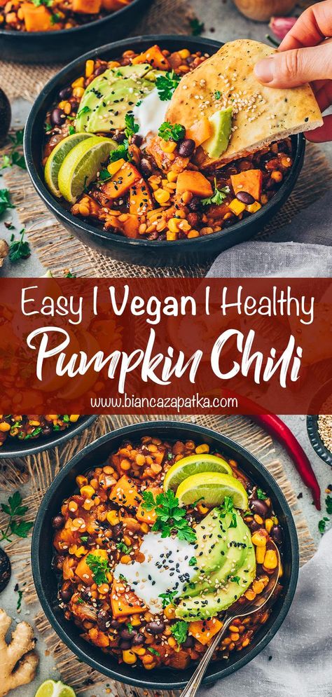 Vegan Pumpkin Chili with Lentils and Beans Plant Based Chilli Recipes, Vegan Pumpkin Chili Recipe, Pumpkin Lentil Chili, Pumpkin Chili Vegetarian, Vegetarian Lentil Chili Recipe, Vegan Autumn Recipes, Chili With Lentils, Chili Recipe Vegetarian, Vegan Pumpkin Chili