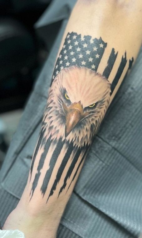 Bow Hunting Tattoos, American Flag Forearm Tattoo, Usmc Tattoo, Piston Tattoo, First Time Tattoos, Animal Tattoos For Men, Flag Ideas, Soldier Tattoo, Patriotic Tattoos