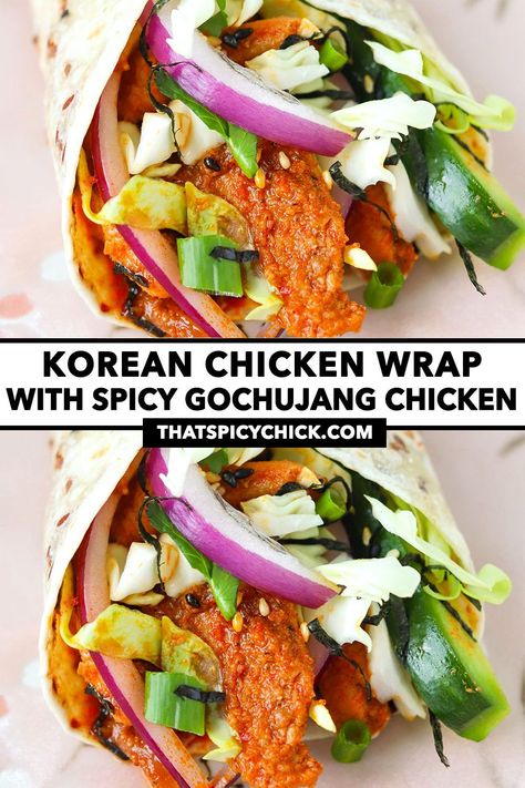 Korean Chicken Wraps, Chicken Wraps Easy, Easy Korean Chicken, Chicken Wrap Lunch, Chicken Tortilla Wraps, Easy Chicken Wrap, Kimchi Chicken, Spicy Asian Chicken, Spicy Honey Chicken