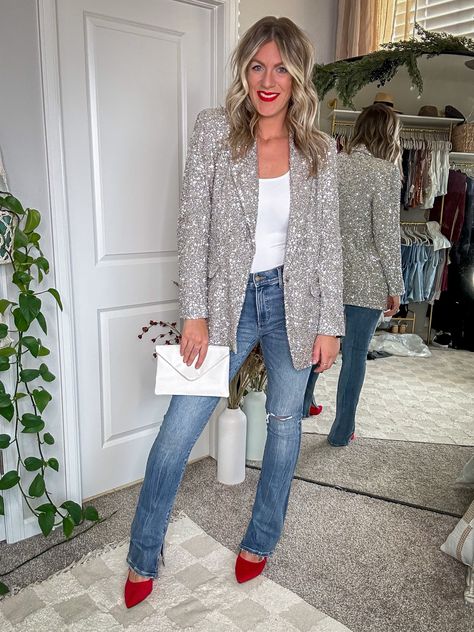 Sequin One Button Boyfriend Blazer curated on LTK Silver Blazer Outfit Women, Sequined Blazer Outfit, Sequin Blazer Outfit Casual, Denim And Diamonds Outfit Ideas, Sequin Blazer Outfit Party, Silver Blazer Outfit, Casual Sequin Outfit, Sequin Blazer Outfit, Sequin Zara