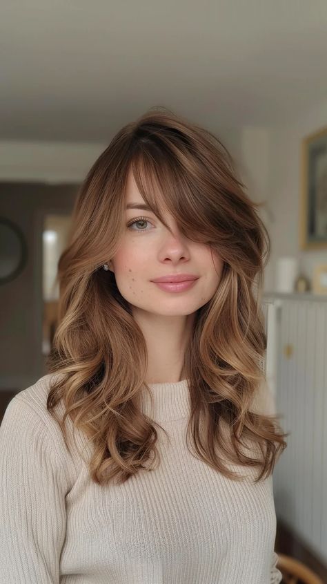 Side Fringe Mid Length Hair, Long Layered Haircuts For Thick Hair Side Bangs, Long Fringe Side Parting, Wedding Hair With Side Bangs, Long Layers With Side Bangs Round Face, Side Bang Wavy Hair, Side Parting Hairstyle, Curtain Bangs Side Part Straight Hair, Low Matienence Haircut