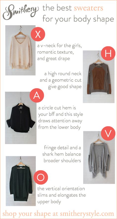 How to determine the best sweater for your body shape. This and more styling advice at www.smitherystyle.com Cardigan For Pear Shape, Sweaters For Hourglass Shape, Apple Body Shape Outfits, Body Shape Guide, Dress For Body Shape, Styling Hacks, Hourglass Body Shape, Apple Body Shapes, Dressing Ideas