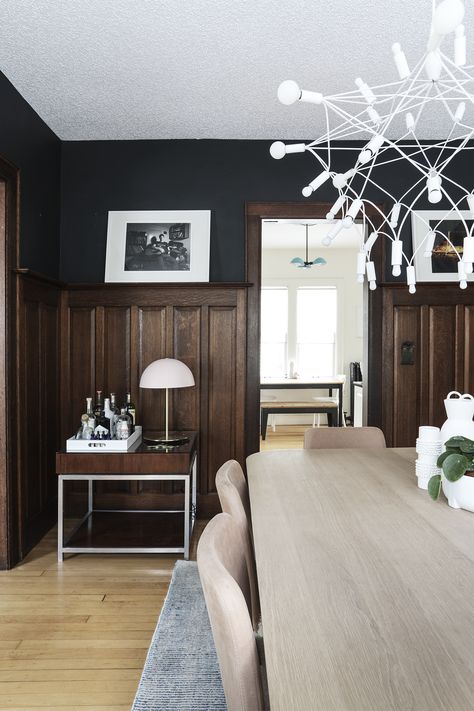 Dark Wood Paneling Dining Room, Wood Panel Family Room, Wood Wainscoting Living Room, Dark Stained Wainscoting, Wood Panelled Dining Room, Dark Wainscoting Living Room, Wood Panel Walls Dining Room, Wood Wainscoting Dining Room, Painted Paneling Dining Room