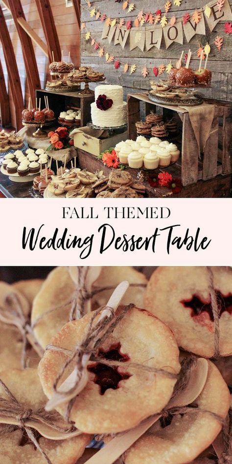 Falling in Love Fall Dessert Table | We created this Falling in Love themed dessert table for Ashly and Scott's fall wedding. The table was filled with caramel apples, cupcakes, mini pies, homestyle cookies, and a rustic buttercream cake. We loved how this table turned out! || JennyCookies.com Fall Bridal Shower Food, Fall Dessert Table Wedding, Fall Dessert Table, Wedding Reception Dessert Table, Fall Wedding Desserts, Fall Themed Desserts, Fall Desserts Table, Cookie Table Wedding, Rustic Dessert Table