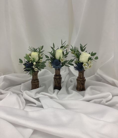 A renaissance groom hand made duck calls for a keepsake boutonniere for his groomsmen, flowers by Nancy at Belton Hyvee. Duck Call Boutonniere, Groomsmen Flowers, Duck Calls, Boutonniere, Room Ideas, Hand Made, Wedding Ideas, Weddings, Table Decorations