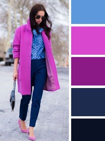 Navy And Fuschia Outfit, Magenta Shirt Outfit Women, Bright Winter Outfits Casual Street Styles, Bright Winter Outfit Ideas, Bright Pink Outfit Ideas, Magenta Jacket Outfit, Magenta Color Combinations Outfit, Magenta Shirt Outfit, Navy Color Combinations Outfits