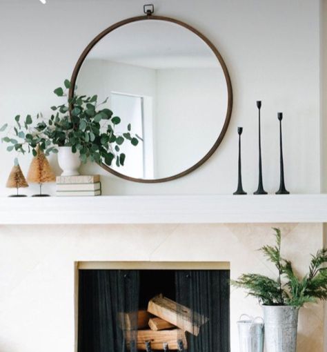 Circle Mirror Over Fireplace, Organic Modern Mantle Decor, Round Mirror Above Fireplace, Eclectic Mantle Decor, Staging Fireplace, Mid Century Modern Mantle, Round Mirror Over Fireplace, Mantle Decorating Ideas Fireplace, Simple Mantel Decor