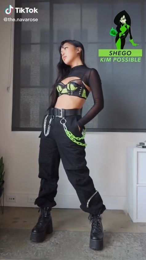 Black Neon Outfit, Neon Black Outfit, Black And Neon Rave Outfits, Black And Green Concert Outfit, Green Kpop Concert Outfit, Neon Green Black Outfit, Halloween Costumes Kim Possible Shego, Big T Shirt Rave Outfit, Neon Green And Black Rave Outfit