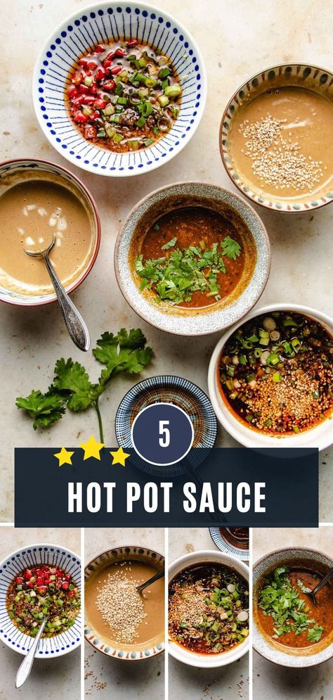 Hotpot sauces with 5 different flavors you can use for hot pot dipping! From Chinese steamboat to Japanese shabu, they are the must-have condiments for hot pot at home! #condiments #sauce #hotpotsauces #hotpot #chineserecipes #dressing #hotpot Hot Pot Sauces, Hotpot Dipping Sauce Recipe, Easy Hot Pot Recipe, Hot Pot Sauce Recipe, Hot Pot Broth Recipe, Hotpot Dipping Sauce, Hot Pot Dipping Sauce Recipe, Vegan Hotpot, Hotpot At Home