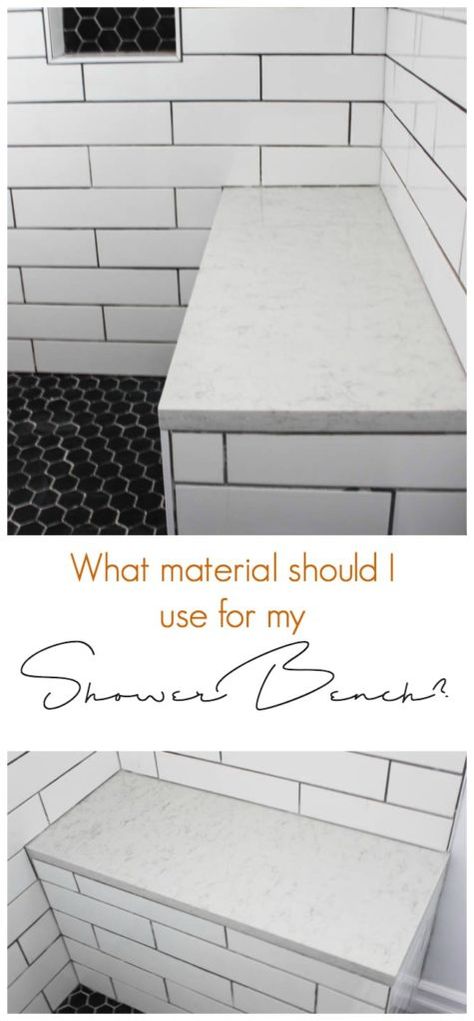 A great summary of the different materials you can use for a shower bench, with some reasons as to why you choose one over another. Beautiful inspiration for the bathroom! Shower Bench Built In, Built In Shower Seat, Wood Tile Bathroom, Wood Benches, Lake House Bathroom, Walk In Shower Designs, Master Shower, Shower Seat, Shower Bench