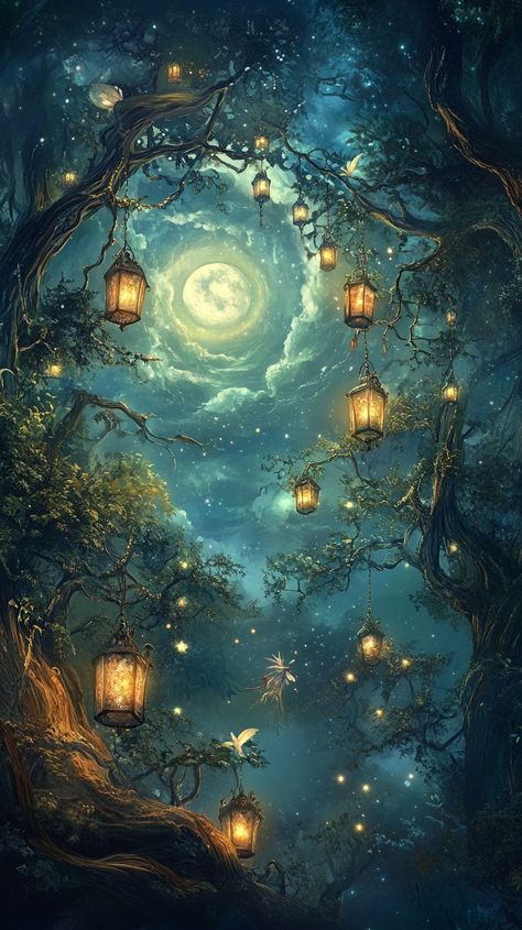 A mystical forest with floating lanterns and golden vines, inhabited by translucent fairies, all shimmering under a giant moonlit spiral of starry clouds. Enchanted Forest Lanterns, Fairy World Painting, Fairy Magic Mystical Forest, Forest Invitation, Enchanted Woodland, Living Room Murals, Spooky Things, Floating Lanterns, Fairies Dancing