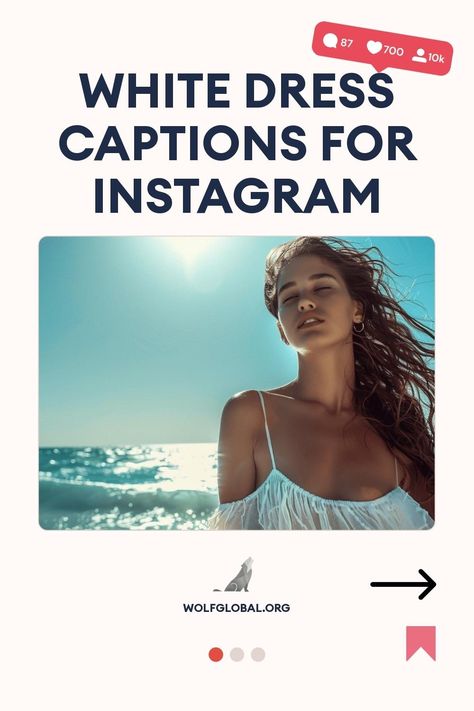 A graphic featuring social media engagement icons and "White Dress Captions for Instagram" with a woman by the sea.
An illustrated checklist featuring poetic descriptions of a white dress with a call-to-action button.
A smiling woman with a laptop surrounded by social media icons, advertising Instagram engagement services. Chic White Dress, Dress Captions, White Elegance, Insta Captions, Instagram White, Birthday Posts, Say Bye, White Cocktail Dress, White Magic