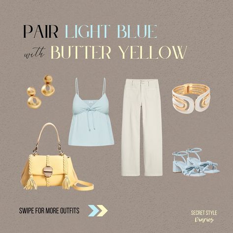 Spring-summer colour combo I’m loving- light blue & butter yellow! 🌼🦋 Swipe to see how I style these colours together with nine different outfits. ✨ Comment below your favourite outfit, and let me know which colours you want to see styled next! Follow Secret Style Diaries for more colourful outfit inspo and styling tips 🩵 💛 #springfashion #springsummer #springtrends2024 #whatstrendingnow #fashionpost #chiclooks #fashionblogger #lookbook #instafashion #pastelaesthetic #pasteloutfits #paste... Colour Palette Outfit, Beige Colour Palette, What Is Trending Now, Style Moodboard, 2024 Outfits, Pastel Outfit, Beige Colour, Colour Combo, Butter Yellow