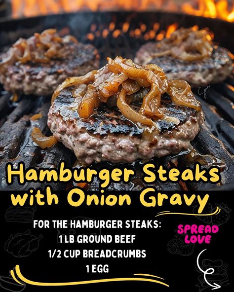 Hamburger Steaks with Onion Gravy Grilled Hamburger Steak, Hot Hamburger, Hamburger Steaks With Onion Gravy, Hamburger Steak With Onions, Beef Tips And Noodles, Hamburger Gravy, Baked Meatloaf, Hamburger Steaks, Dessert Sushi