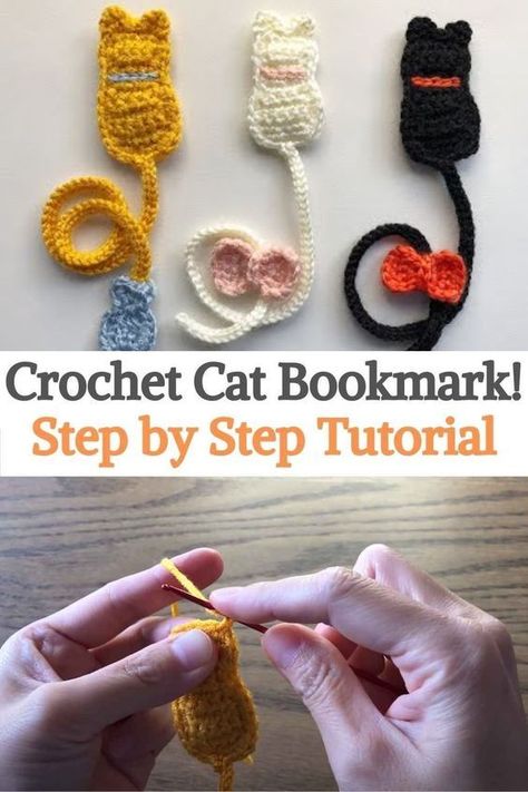 This is a great project to start crochet, because it is really simple to do, you just have to know the basic crochet stitches. In addition, due to its size, it is quite quick to make, in a few minutes you will have it ready.It's a great gift for just about anyone, because who doesn't love cats and books? They are very cute and useful bookmarks. If you have knowledge in crochet you can give it your personal touch... Crochet Cat Bookmark Pattern, Book Crochet Pattern Free, Animal Crochet Bookmark, How To Make Crochet Bookmarks, How To Make A Crochet Bookmark, Bookmarks To Crochet, Crochet Projects Bookmarks, Free Crochet Bookmarks Patterns, Easy Crochet Crafts For Beginners