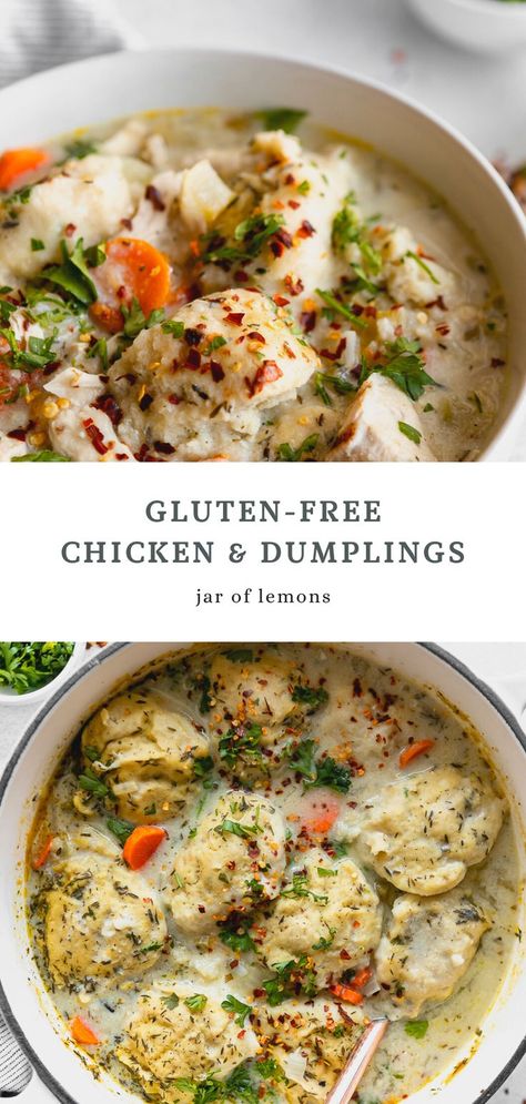 Two images of chicken & dumplings. Gf Dumplings, Chicken And Dumplings Gluten Free, Gluten Free Chicken And Dumplings, All The Healthy Things, Gluten Free Dumplings, Chicken Fresh, Chicken Dumplings, Dumplings For Soup, Gluten Free Dinner