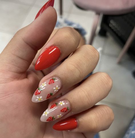 Cute fun strawberry and flower nail designs Her Nails, Nail Inspo, Nail Polish, Nail Art, Nails, Flowers, Red, Art, Nail Arts