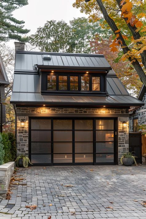 29 Farmhouse Garage Ideas for a Modern Rustic Look 24 Garage In Front Of House Design, Garage Doors Modern Farmhouse, Black Glass Garage Door, Glass Garage Doors In House, Windows In Garage, Craft Garage, Brick Garage, Cottage Garage, Detached Garage Designs