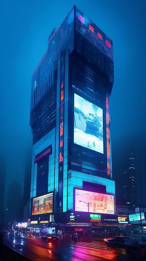 A cyberpunk building that glows in blue neon light has large screens displaying advertisements. It is an AI artwork generated with Midjourney. Cyberpunk Store, Cyberpunk Skyscraper, Neon Building, Cyberpunk Architecture, Fountain Architecture, Cyberpunk Space, Cyberpunk Dystopia, Music Building, Cyberpunk Building