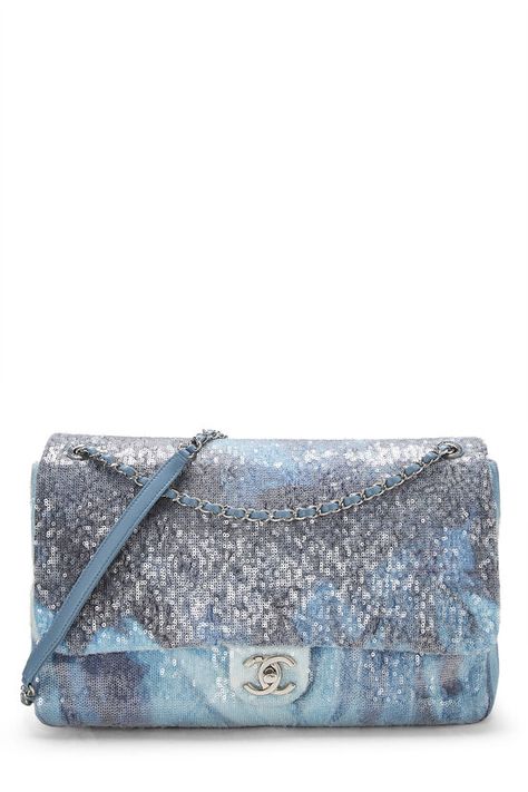 Chanel Blue Sequin Waterfall Flap Bag XL Q6BJSL2MBK003 | WGACA Chanel Blue, Vintage Designer Bags, Blue Luxury, Sequin Bag, Chanel Spring, Crossbody Bags For Women, Love Blue, Vintage Designer, Luxury Store