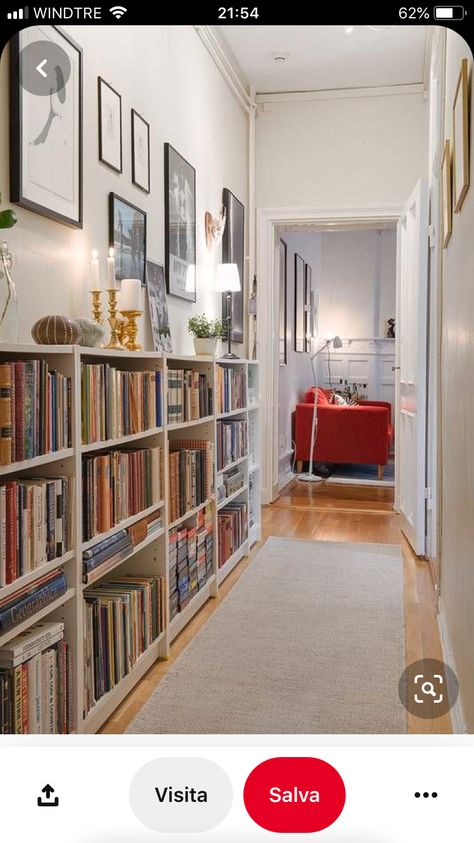 Long Hallway Decorating Narrow, Fancy Bedroom, Apartment Deco, Long Living Room, Bookshelves In Living Room, Living Room Redo, Downtown Apartment, Home Library Design, Living Room Spaces