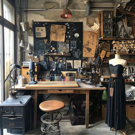 23 Crafting Havens: Crafting amidst the Dusk of Industry Shadows Aesthetic Craft Room Ideas, Artist Studio Small, Whimsigoth Art Studio, Cool Art Studio, Industrial Craft Room, Victorian Craft Room, Goth Art Studio, Dark Craft Room, Art Shop Aesthetic