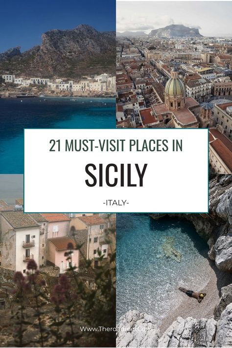 21 must-visit places in Sicily illustrated with scenic photos of the coastline, cities, and countryside. Sicily Best Beaches, What To Do In Sicily, Sicily In Winter, Sicily Italy Travel, Scopello Sicily, Things To Do In Sicily, Siracusa Sicily, Noto Sicily, Italy Trip Planning