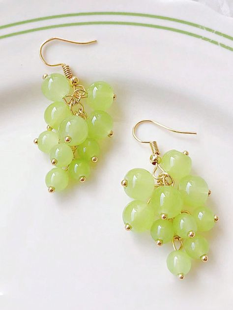 1 Pair Sweet Fresh Green Grape Design Drop Earrings, Cute Fruit Earring Studs For Girls Party Jewelry Gold    Copper     Women Fashion Jewelry, size features are:Bust: ,Length: ,Sleeve Length: Fruit Earring, Collar Verde, Cherry Drop Earrings, Engagement Mehndi, Grape Design, Green Grape, Grape Earrings, Engagement Mehndi Designs, Fruit Jewelry