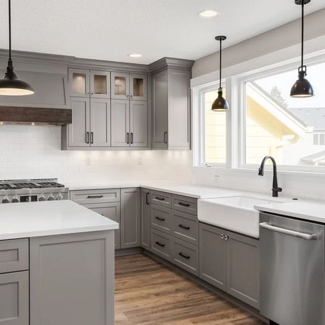 75 Farmhouse Kitchen with Gray Cabinets Ideas You'll Love - July, 2023 | Houzz Light Grey Farmhouse Kitchen, White Kitchen With Gray Cabinets, Grey Kitchen Cabinets With Black Handles, White And Grey Kitchen Farmhouse, Gray Kitchen Cabinets With Black Handles, Light Grey Kitchen Cabinets Farmhouse, Farmhouse Kitchen Grey Cabinets, Grey Modern Farmhouse Kitchen, Kitchen Remodel Grey Cabinets