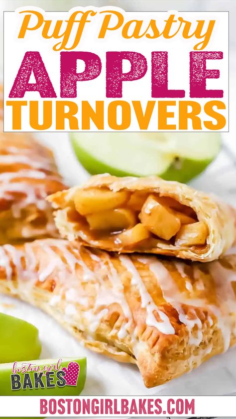 This puff pastry apple turnovers recipe is an easy and impressive dessert to make for the holidays! Using store bought puff pastry makes these turnovers come together super fast. The apple filling gets cooked on the stove in just minutes. I drizzle on an easy vanilla icing on the end. You’re going to love them! | @bostongirlbakes #appleturnoverswithpuffpastry #puffpastryturnovers #falltreats #bestappleturnovers #easyappleturnoverrecipe Easy Vanilla Icing, Puff Pastry Apple Turnovers, Apple Turnovers Recipe, Apple Turnover Recipe, Puff Pastry Apple, Impressive Dessert, Turnover Recipes, Apple Puff Pastry, Easy Puff