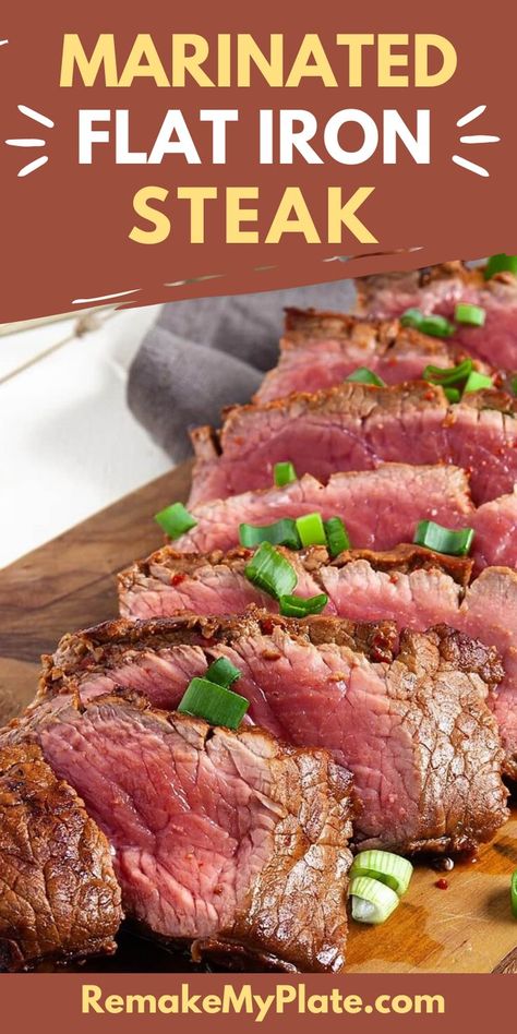 slices of marinated flat iron steak Flat Iron Steak Marinade, Flat Iron Steak Recipes, Best Grilled Steak, Steak Dinners, Flat Iron Steak, Marinated Steak, Juicy Steak, Marinade Recipes, Steak Recipe