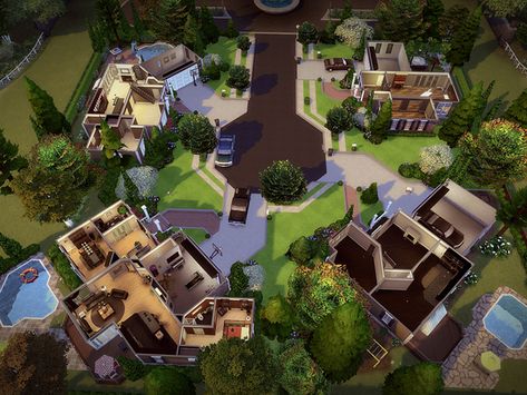 melcastro91's Springdale Court - NO CC! Sims 4 House Builds Floor Plans, Compound Houses Family, 4 Houses In One Compound, 3 Houses In One Compound, Apartments Building, Brindleton Bay, Nice Houses, The Sims 4 Lots, Indian House Plans