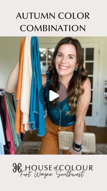 Fort Wayne Southwest | Abby Nagel | Color Analysis on Instagram: "Autumn Color Combination 🍁  Kingfisher, Amber, Beige (+ Gold & Cream)  This tank is my favorite!  Perfect for date night, girls’ night out, the office, and more!  It comes is several other colors. Wearing the XS in Teal Waters.   Shop this look and more in the LTK app under Abby Nagel Style! ✨ Clutch is S&D. Link in stories! Lip is #308 with clear gloss #58. 💄   #houseofcolourusa #hocautuumn #colorcombination #waystowear #fortwayneindiana #naturalingenue #wearcolor #livecolorfully #coloranalysis" Hoc Autumn Leaf Outfits, Autumn House Of Colour Outfits, Hoc Autumn Outfits, House Of Color Autumn Outfits, House Of Colour Autumn Outfits, Beige Color Combinations Outfit, Autumn Colour Palette Clothes, House Of Color Autumn, Warm Autumn Color Palette Outfits