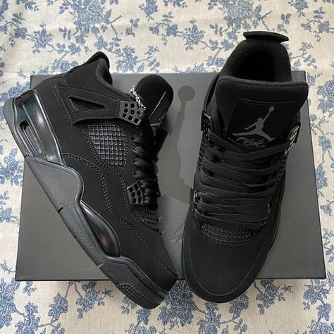 Jordan 4 Custom Sneakers, Woman All Black Outfit, Black Jordan Sneakers, Black Cat Sneakers, Jordan 4 Shoes Black, Black High Top Sneakers Women's, Black J4 Shoes, Shoe Collection Women, Sneaker Head Shoes