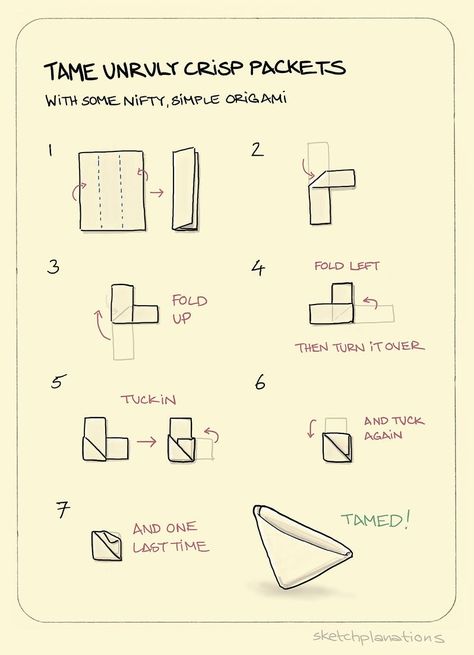 So, you finish a packet of crisps, or chips, and scrumple the packet up, but in just keeps uncrumpling and tries to blow away. No longer. This handy little bit of origami creates a neat and tidy little triangle that keeps your crisp packet behaving. Give it a try next time.HT: Dave Barker taught me this about 20 years ago. I still find it useful. Crisp Packet, Creative Origami, Aluminum Can Crafts, Treasure Jewelry, Take My Breath, Can Crafts, Sketches Easy, Origami Easy, Neat And Tidy