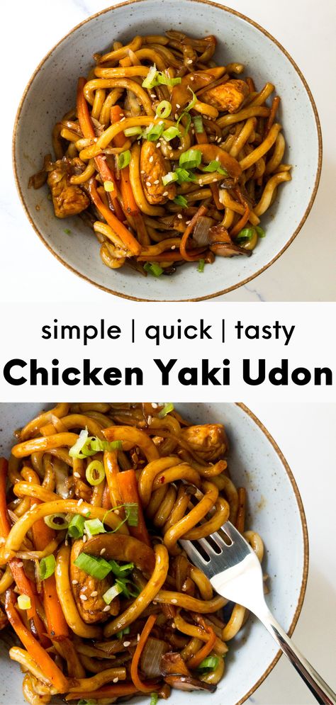 Chicken Yaki Udon is a quick and delicious stir-fry dish that is super flavorful, packed with fresh vegetables, and very easy to make! It is perfect for a quick and healthy weeknight dinner. #yakiudon #quickdinnerrecipe #udonnoodles #noodlestirfry Asian Noodle Dishes Recipes, Teriyaki Chicken Udon Noodles, Udon Noodle Chicken, Healthy Stir Fry Noodles, Stir Fried Noodles Chicken, Udon Dinner Recipes, Udon Noodle Recipe Healthy, Yaki Udon Chicken, Stir Fried Udon Noodles