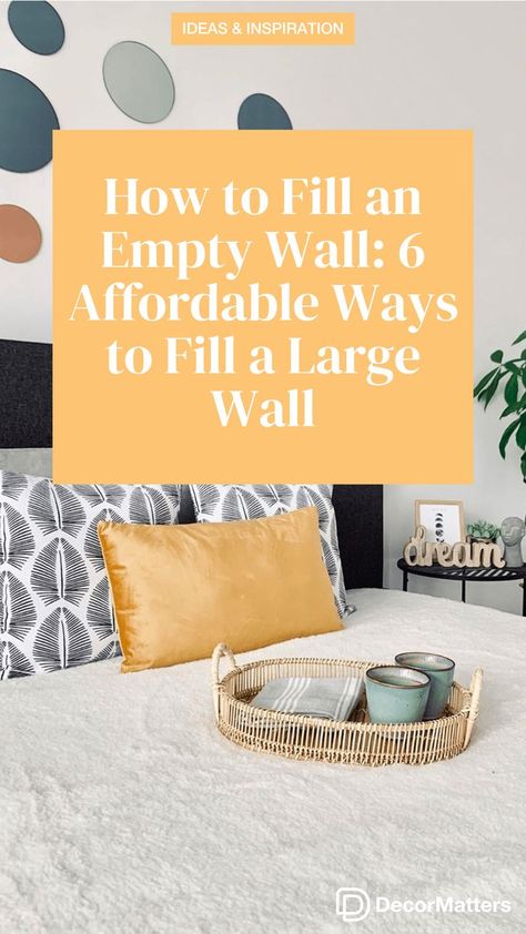 Large blank walls call for giant pieces of art. Nothing looks odder than seeing a small frame sitting alone on a big empty wall. However, there are many creative and cheap ways to cover walls! (Keywords: bedroom ideas, bedroom decor, master bedroom ideas, boho bedroom, dream rooms, DIY home decor, small bedroom ideas, bedroom rug, aesthetic bedroom, bedroom wall art, apartment bedroom decor) Large Blank Wall Ideas, Empty Frames Decor, Rug Aesthetic Bedroom, Fill Empty Wall Space, Blank Wall Ideas, Large Blank Wall, Wall Art Apartment, Big Blank Wall, Big Bedrooms