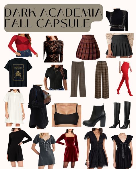 https://thesalteddenim.com/fall-winter/dark-academia-fall-capsule Office Witch Fashion, Alt Capsule Wardrobe, Dark Academia Capsule Wardrobe, Dark Academia Winter, Dark Academia Fall, Winter Dark, Wardrobe Capsule, Lazy Day Outfit, Witch Fashion