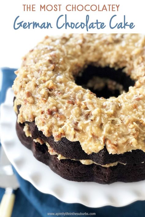 This is the Most Chocolatey German Chocolate Cake! A rich, chocolatey chocolate cake smothered in a gooey coconut, pecan caramel frosting. A showstopper dessert! Showstopper Dessert, Pecan Frosting, Cake Coconut, Coconut Pecan Frosting, Chocolate Bundt, Potluck Desserts, Caramel Frosting, Chocolate Bundt Cake, Coconut Pecan