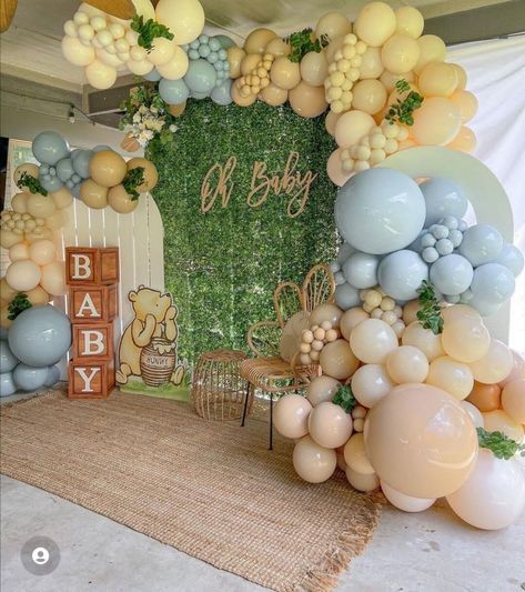 26 Winnie the Pooh Baby Shower Ideas - Lady Celebrations Sage Green Winnie The Pooh, 100 Acres Woods Party, Winnie The Pooh Baby Shower Color Scheme, Boy Baby Shower Ideas Winnie The Pooh, Baby Shower Nutrual, Winner The Pooh Baby Shower Ideas, Pooh Gender Reveal Party, Winnie The Pooh Backdrop Ideas, Winnie The Pooh Baby Shower Balloon Arch