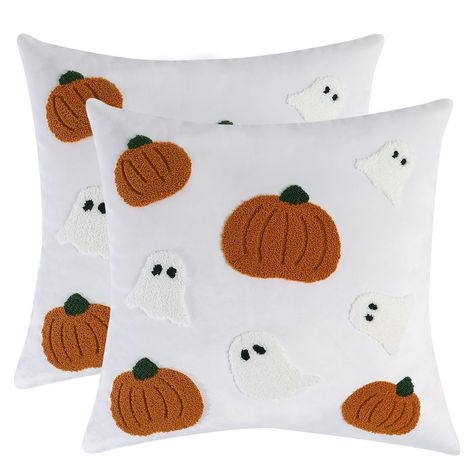 PRICES MAY VARY. 100% Polyester 👻Durable and Higher Quality Material: Made of machine washable Polyester, comfortable & soft touch, no bleeding, fading or fraying issue, bring special vitality to your home;A great choice for Halloween decor. 👻Unique Pattern: Our Halloween pillow covers are designed with exquisite and unique ghost pattern,they will refresh your room and add a festival atmosphere to your home. Perfect choice for Halloween decoration. 👻Wide Application: Perfect decoration for in Pumpkin Punch Needle, Halloween Throw Pillows, Macrame Wall Hanging Decor, Embroidered Pumpkin, Fall Room, Halloween Pillows Covers, Office Patio, Green Halloween, Ghost Pattern