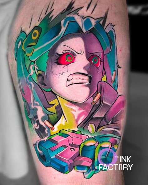 Rebecca from Cyberpunk Edgerunners! Done by Dean @dmc_ink for the ever so lovely @dangannon_ise Be sure to check out Deans available pieces! Banger after banger available! DM us know to book them in. #Tattoo #Ink #Inked #Art #Anime #Netflix #Cyberpunk #Edgerunners #AnimeTattoo #CyberpunkTattoo Rebecca Cyberpunk Edgerunners Tattoo, Cyberpunk Rebecca Tattoo, Cyberpunk 2077 Tattoo Ideas, Cyberpunk Anime Tattoo, Bladerunner Tattoo, Cyberpunk Edgerunners Tattoo, Cyberpunk 2077 Tattoo, Rebecca Tattoo, Runner Tattoo