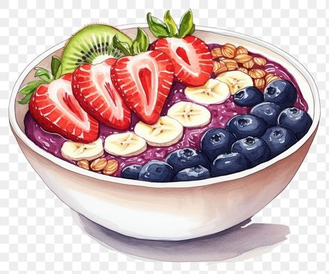 Acai Bowl Painting, Acai Bowl Drawing, Acai Bowl Illustration, Fruit Bowl Aesthetic, Food Icon Png, Notion Cover, Yoghurt Bowl, Oat Bowls, Food Watercolor