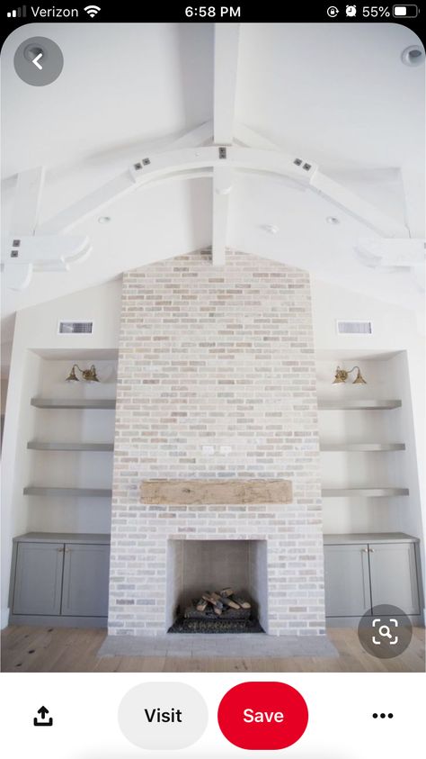 Farmhouse Built Ins, Fireplace And Shelves, Arched Beams, Grey Bookshelves, White Brick Fireplace, Brick Fireplace Makeover, White Wash Brick, Fireplace Built Ins, Farmhouse Fireplace