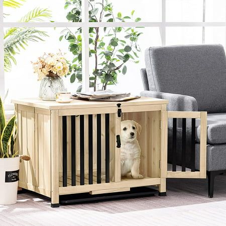 "Pets deserve our love for all their precious qualities including loyalty, geniality and wisdom. Lovupet Wooden Portable Foldable Pet Crate Indoor Outdoor Dog Kennel Pet Cage with Tray 0652 Product Specifications Type: 6012-0652CR Color: Original Wood Material: Solid Fir Wood Overall Dimension:33.2\"L x 20\"W x 24\"H Top Size: 33.2\"L x 20\"W Tray Size: 29\"L x 18.3\"W x 1.2\"H Tray Material: PVC Door Size: 11.2\"W x 17.5\"H Distance between iron fences: 2.2\" Package Package Quantity: 1 Reinfor Pet Crate Furniture, Portable Dog Crate, Wood Dog Kennel, Dog Crate End Table, Outdoor Dog Kennel, Modern Dog Houses, Iron Fences, Crate End Tables, Wooden Dog Crate