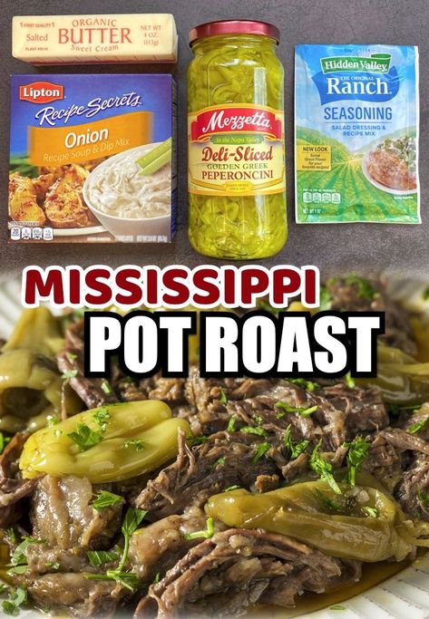 Are you looking for easy slow cooker meals? This tender and juicy beef is a family favorite! I’m always on the hunt for easy dinner ideas for my family, and this Mississippi pot roast makes for THE BEST dinner on the planet! It is incredibly simple to make with just a few cheap ingredients including a beef chuck roast, butter, a packet of ranch seasoning, onion soup mix, and peperoncini peppers. Serve it over mashed potatoes or in a sandwich! A fabulous dinner for busy weeknights. Roast With Onion Soup Mix, Chuck Roast Crock Pot Recipes, Pot Roast Sandwiches, Slow Cooker Mississippi Pot Roast, Crockpot Roast Recipes, Pot Roast Crock Pot Recipes, Chuck Roast Recipes, Over Mashed Potatoes, Winter Meals